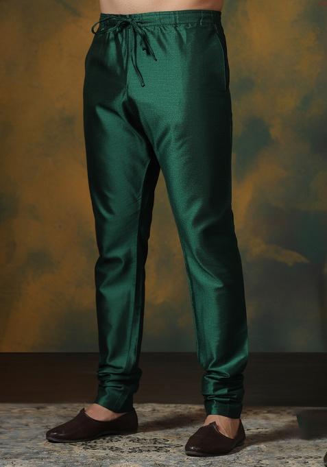 Green Solid Banarasi Silk Churidar For Men