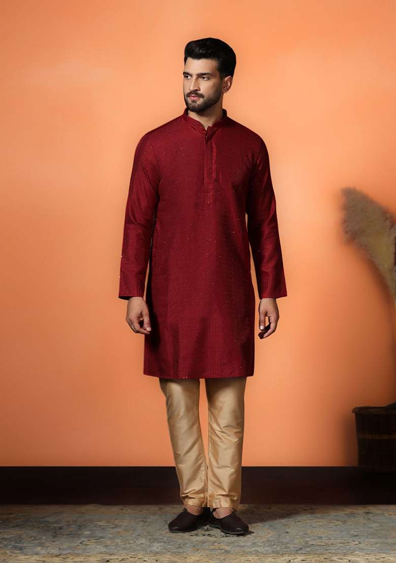 Red Embroidery Bangalorian Silk Kurta Pyjama Set For Men - Indya