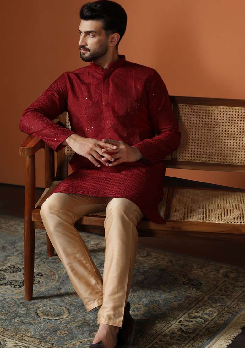 Red Embroidery Bangalorian Silk Kurta Pyjama Set For Men - Indya