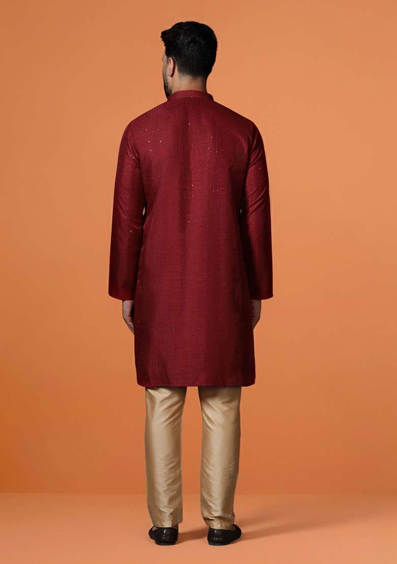 Red Embroidery Bangalorian Silk Kurta Pyjama Set For Men - Indya