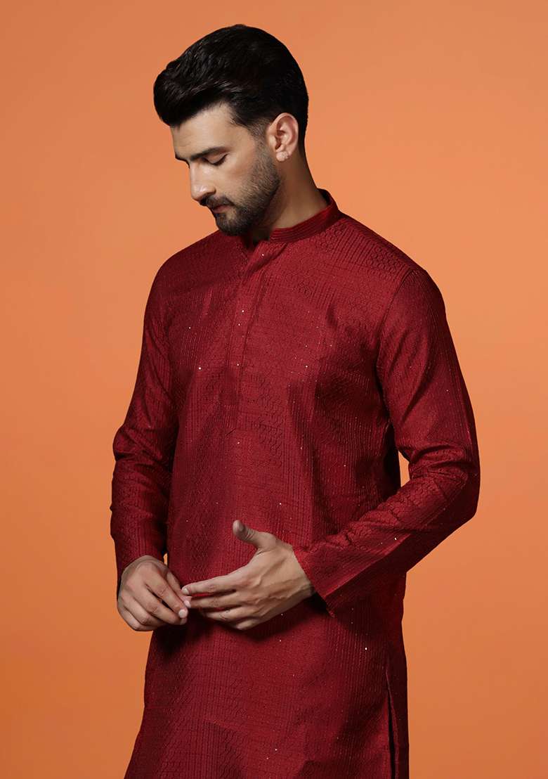 Red Embroidery Bangalorian Silk Kurta Pyjama Set For Men - Indya