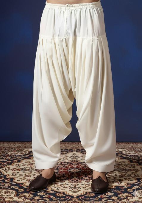 Beige Solid Cotton Patiala For Men