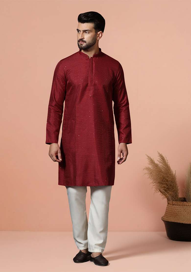 Red Embroidery Bangalorian Silk Kurta Pyjama Set For Men - Indya