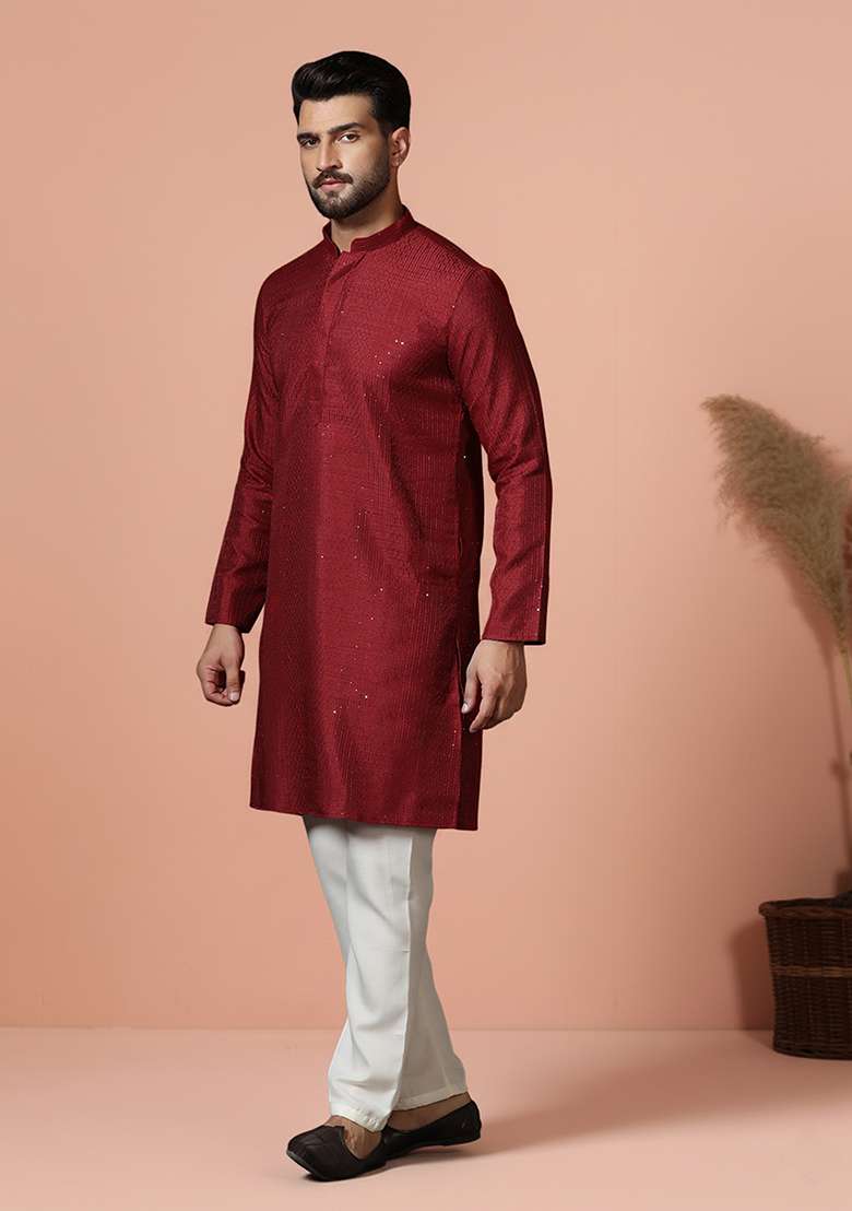 Red Embroidery Bangalorian Silk Kurta Pyjama Set For Men - Indya