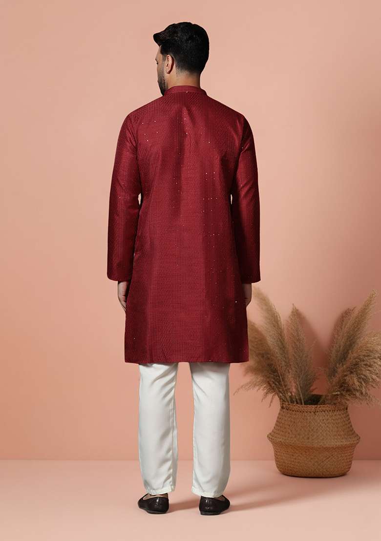 Red Embroidery Bangalorian Silk Kurta Pyjama Set For Men - Indya
