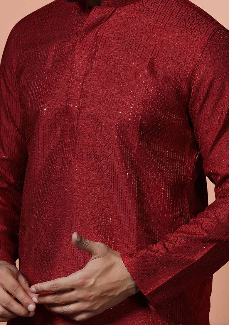 Red Embroidery Bangalorian Silk Kurta Pyjama Set For Men - Indya