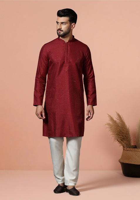 Red Embroidery Bangalorian Silk Kurta Pyjama Set For Men
