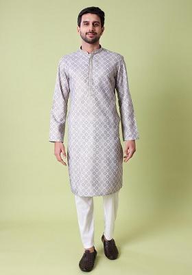 Grey Printed Cotton Silk Kurta For Men
