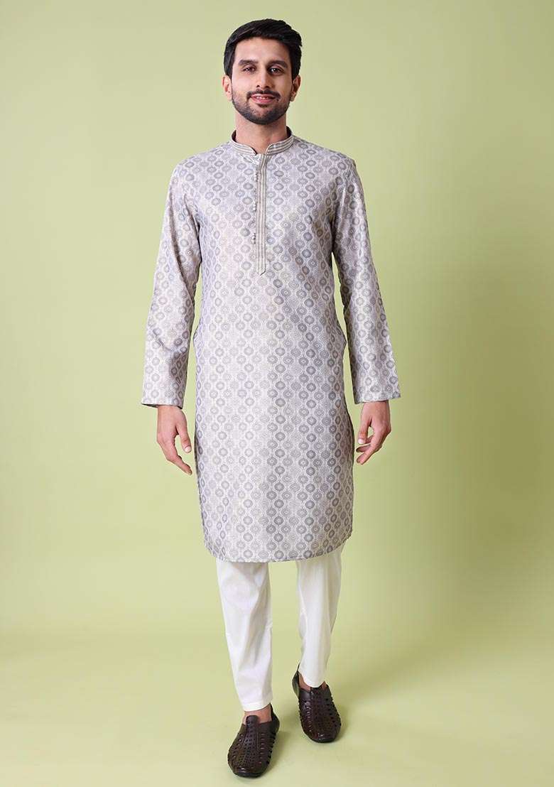 Grey Printed Cotton Silk Kurta For Men - Indya