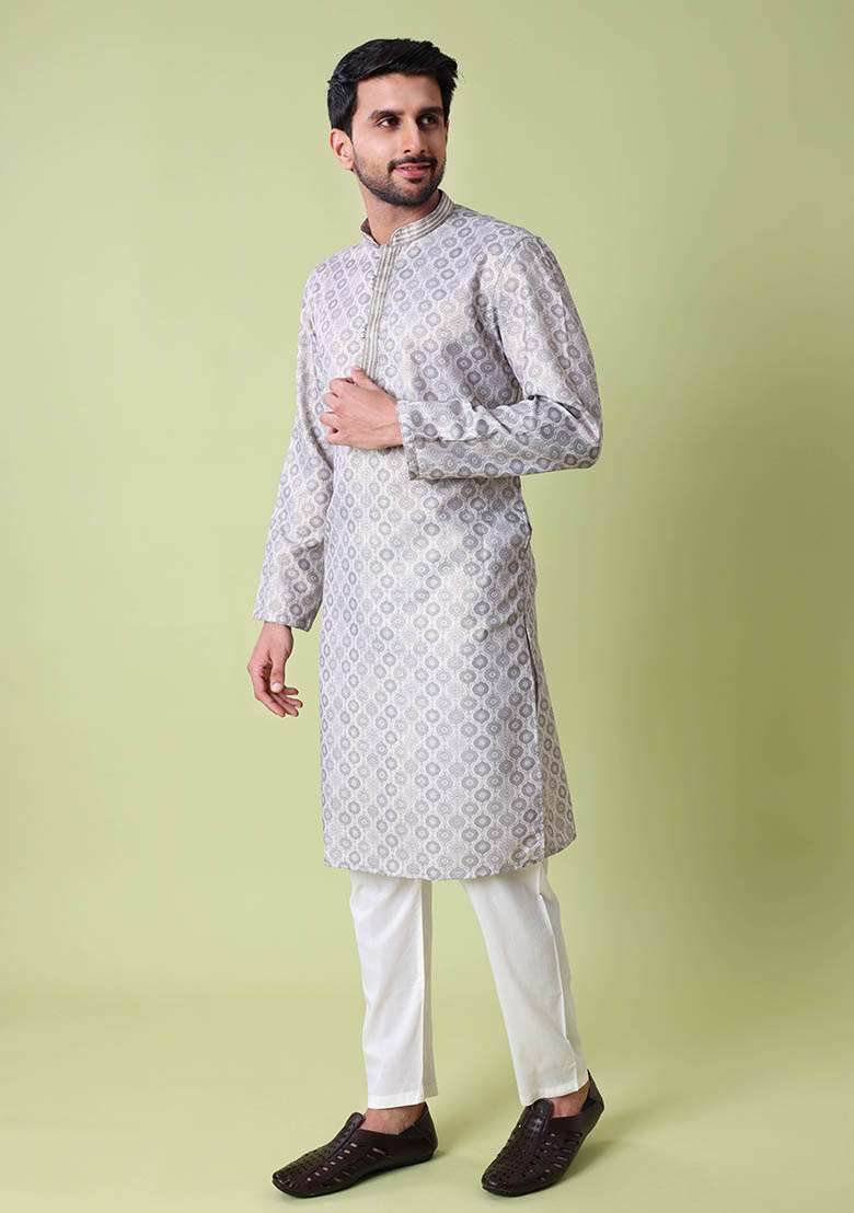 Grey Printed Cotton Silk Kurta For Men - Indya