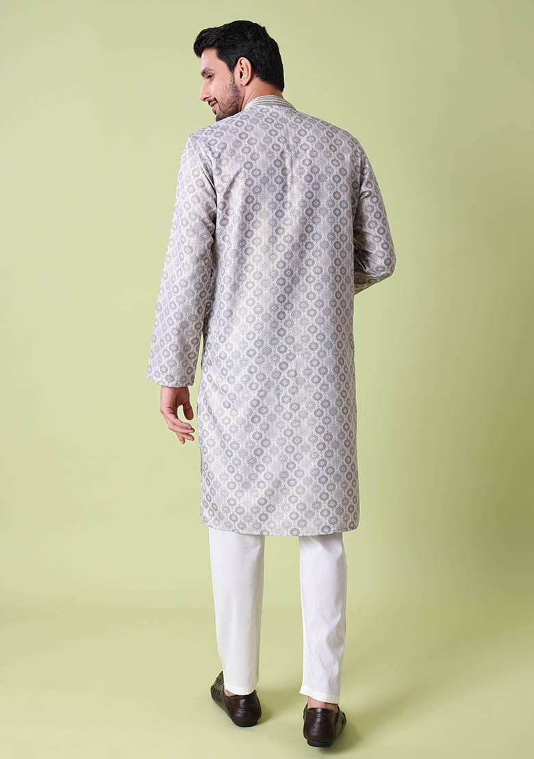 Grey Printed Cotton Silk Kurta For Men - Indya