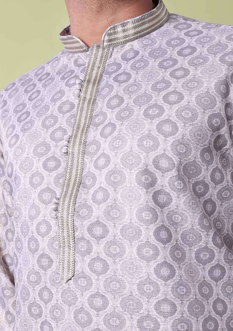 Grey Printed Cotton Silk Kurta For Men - Indya