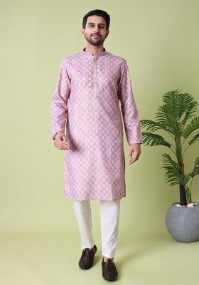 Purple Printed Cotton Silk Kurta For Men