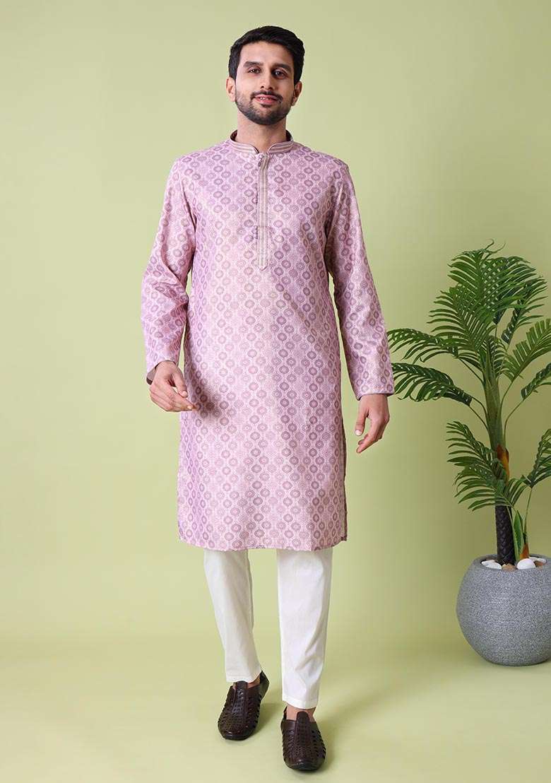 Purple Printed Cotton Silk Kurta For Men - Indya