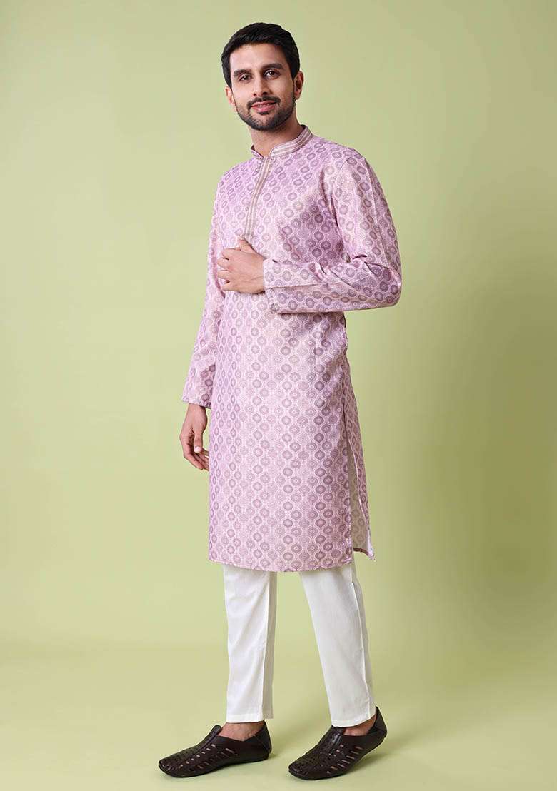 Purple Printed Cotton Silk Kurta For Men - Indya