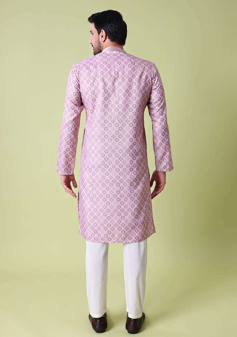 Purple Printed Cotton Silk Kurta For Men - Indya