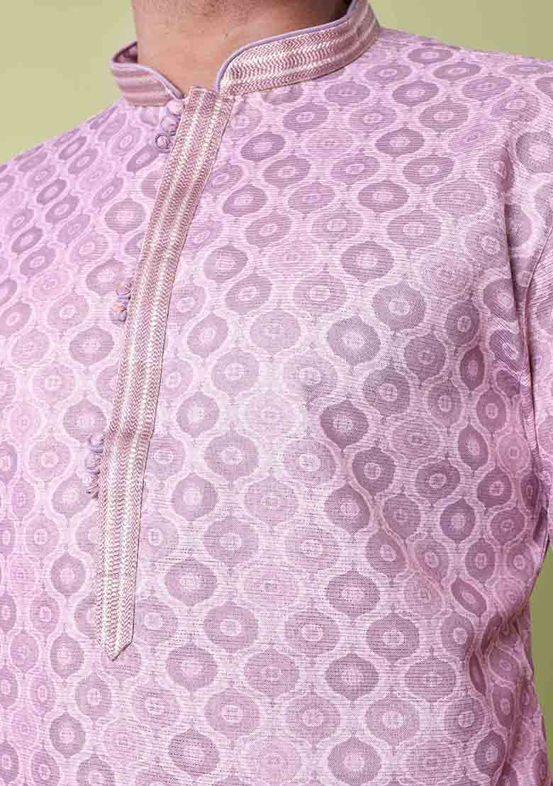 Purple Printed Cotton Silk Kurta For Men - Indya