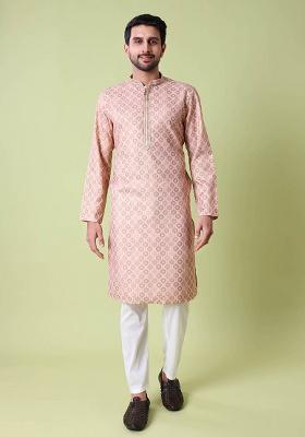 Peach Printed Cotton Silk Kurta For Men