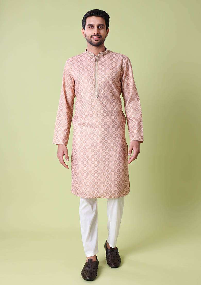 Peach Printed Cotton Silk Kurta For Men - Indya