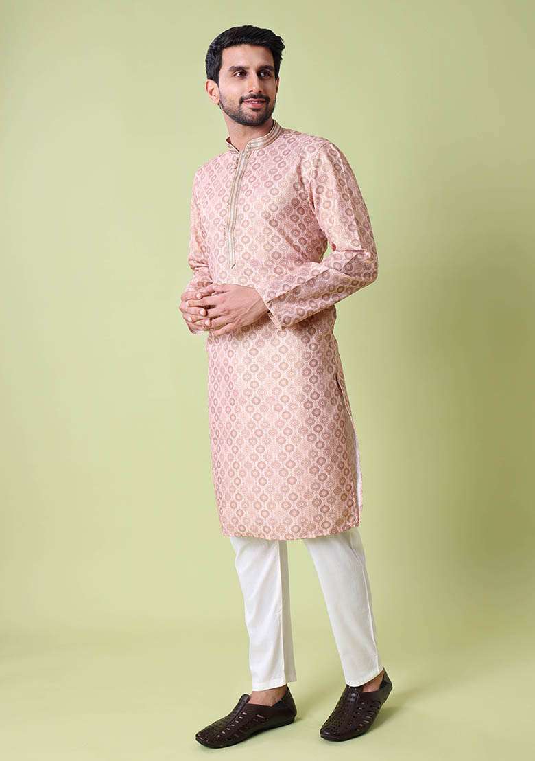 Peach Printed Cotton Silk Kurta For Men - Indya