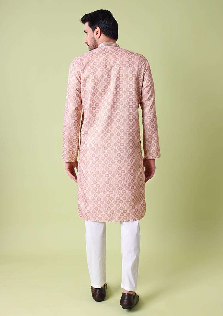 Peach Printed Cotton Silk Kurta For Men - Indya