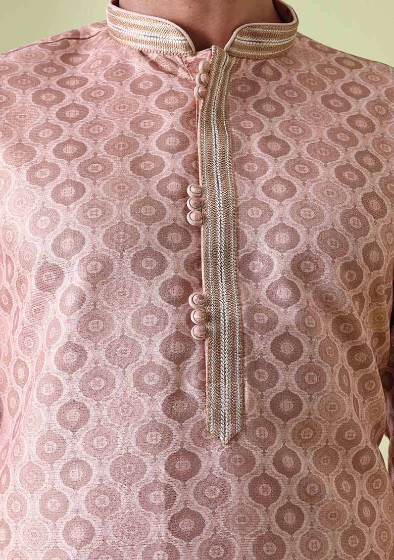 Peach Printed Cotton Silk Kurta For Men - Indya