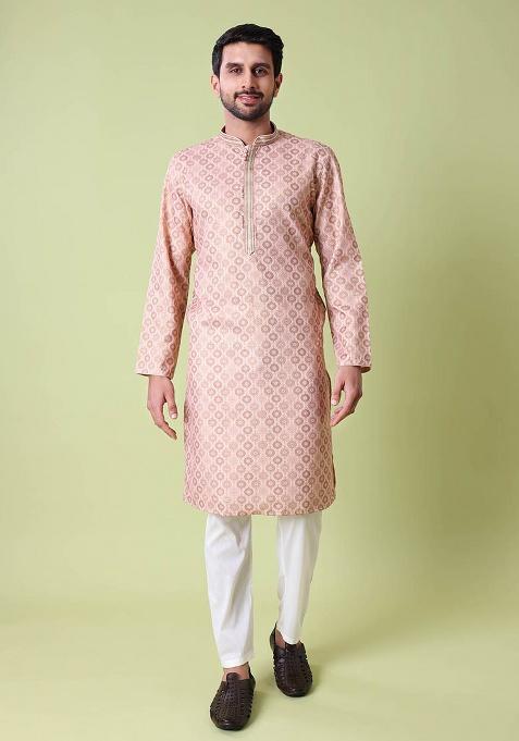 Peach Printed Cotton Silk Kurta For Men