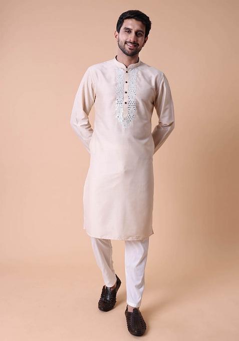 Beige Embroidered Cotton Silk Kurta For Men