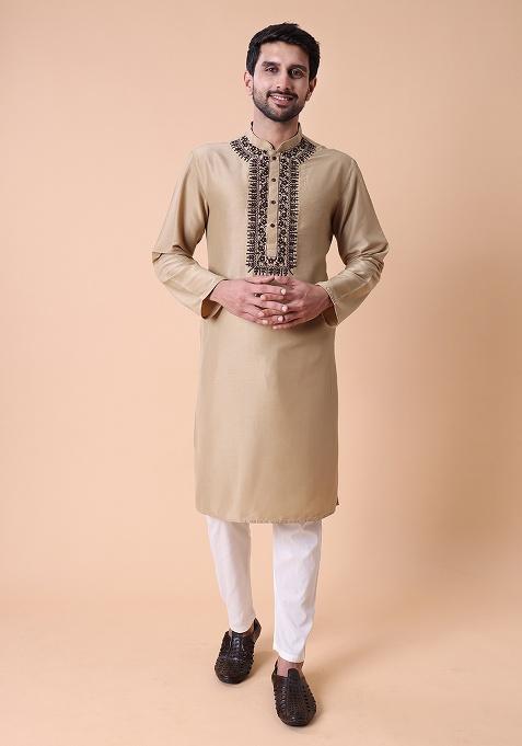 Beige Embroidered Cotton Silk Kurta For Men