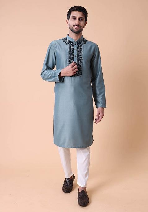 Blue Embroidered Cotton Silk Kurta For Men