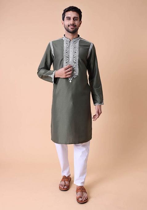 Green Embroidered Cotton Silk Kurta For Men