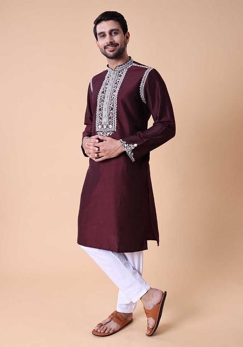 Purple Embroidered Cotton Silk Kurta For Men