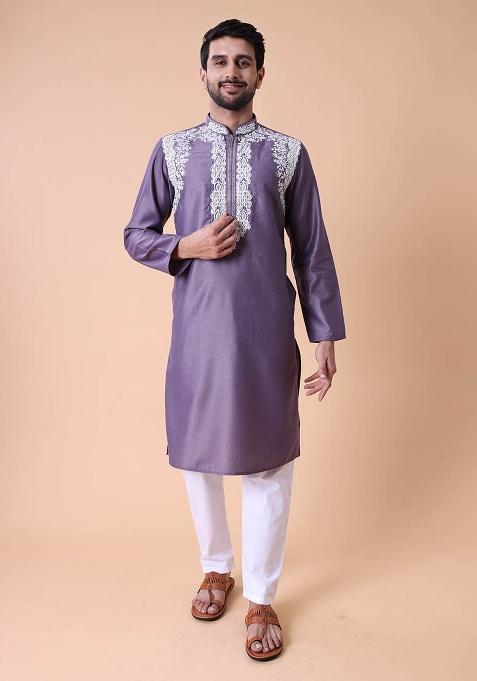 Purple Embroidered Cotton Silk Kurta For Men
