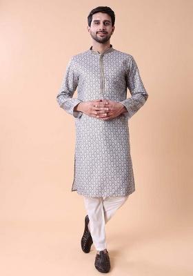 Grey Printed Cotton Silk Kurta For Men