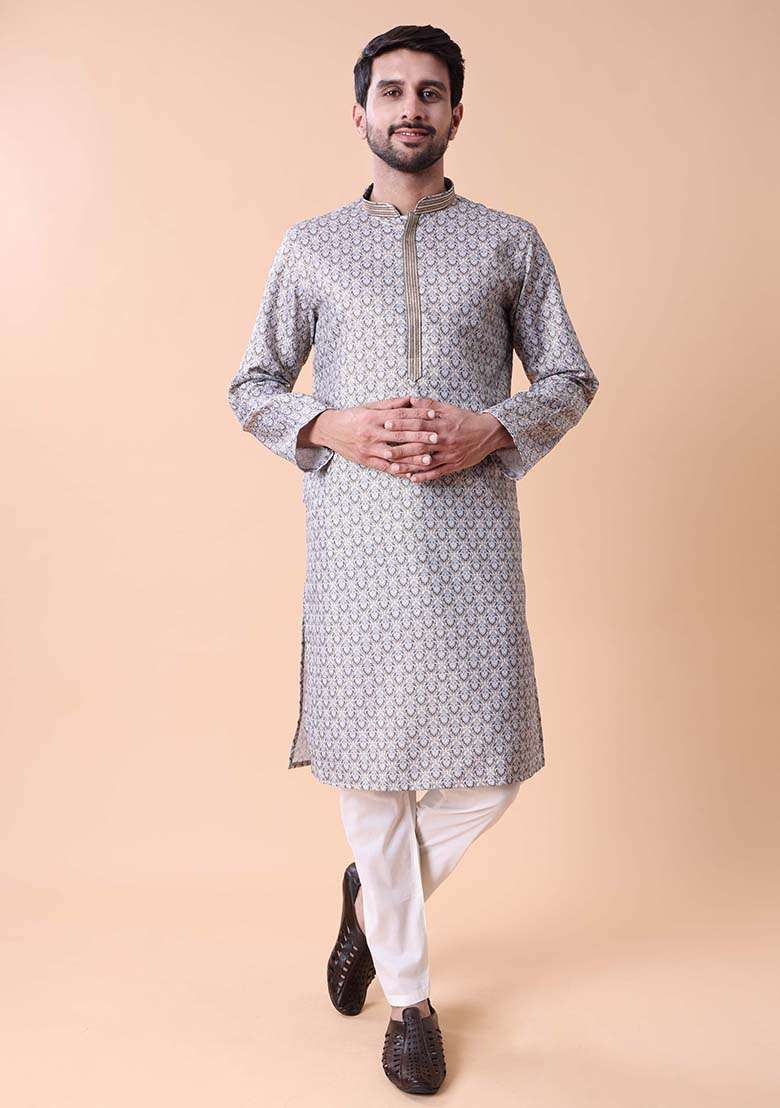 Grey Printed Cotton Silk Blend Kurta For Men - Indya