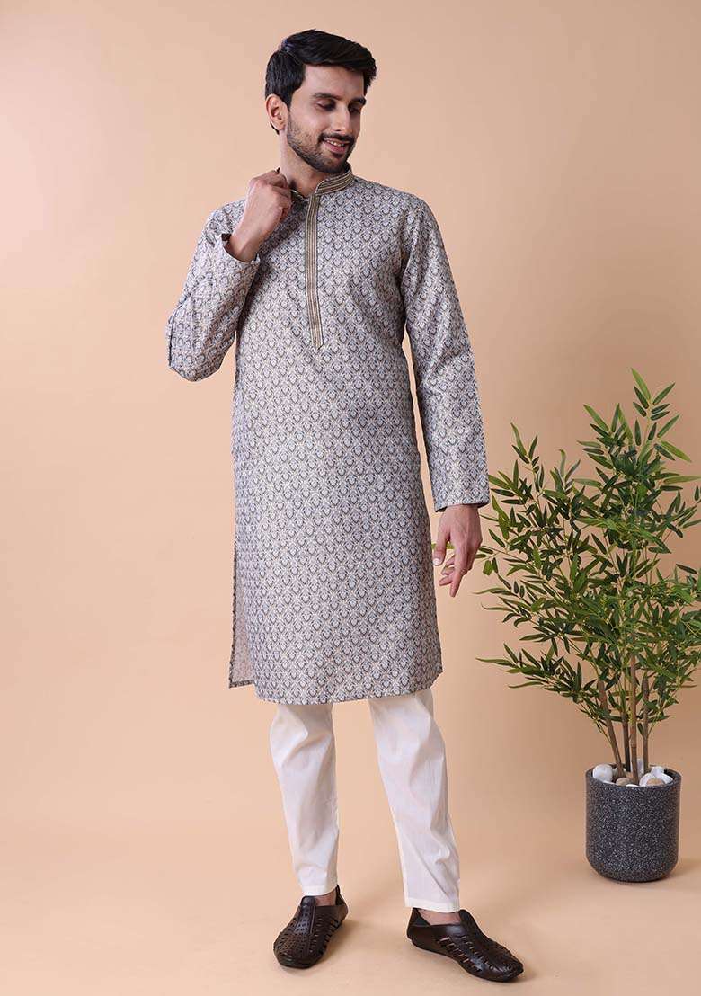 Grey Printed Cotton Silk Blend Kurta For Men - Indya