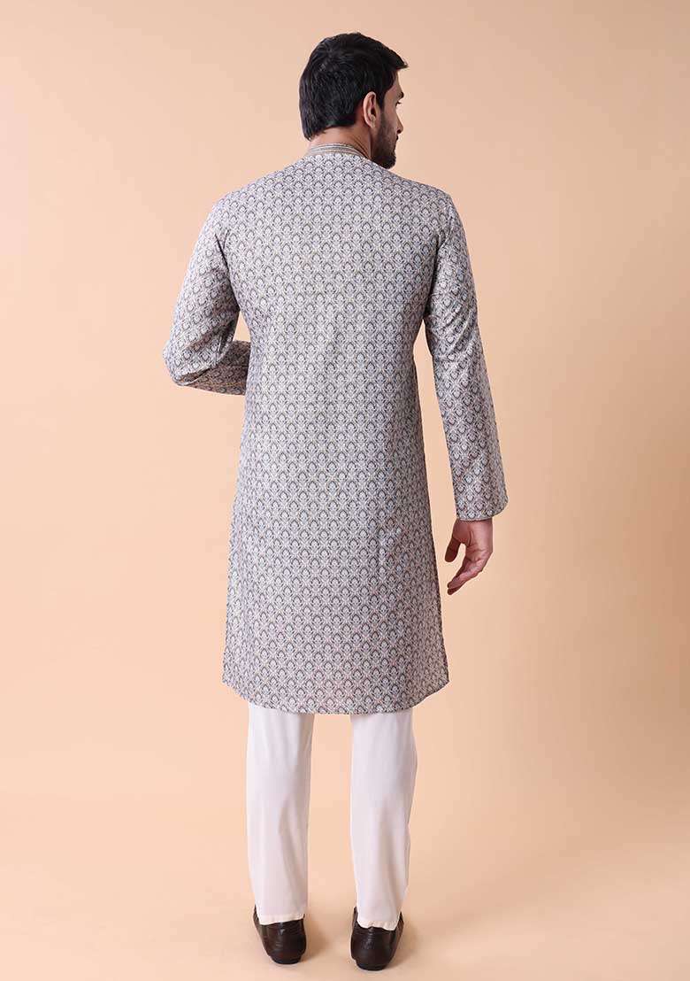Grey Printed Cotton Silk Blend Kurta For Men - Indya