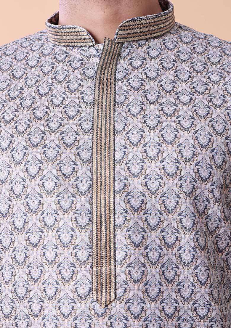 Grey Printed Cotton Silk Blend Kurta For Men - Indya