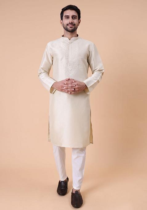 Beige Embroidered Cotton Silk Kurta For Men