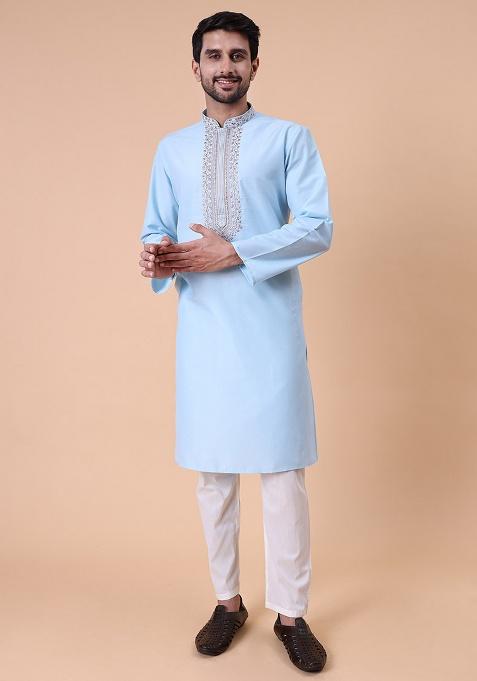 Blue Embroidered Cotton Silk Kurta For Men