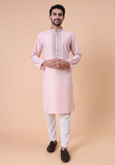 Pink Embroidered Cotton Silk Kurta For Men