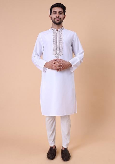 White Embroidered Cotton Silk Kurta For Men