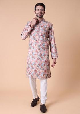 Peach Printed Cotton Silk Kurta For Men