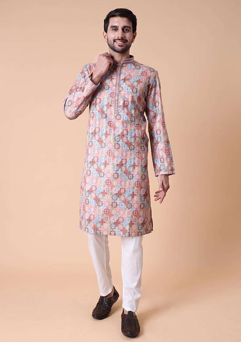 Peach Printed Cotton Silk Kurta For Men - Indya