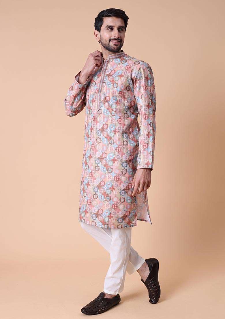 Peach Printed Cotton Silk Kurta For Men - Indya