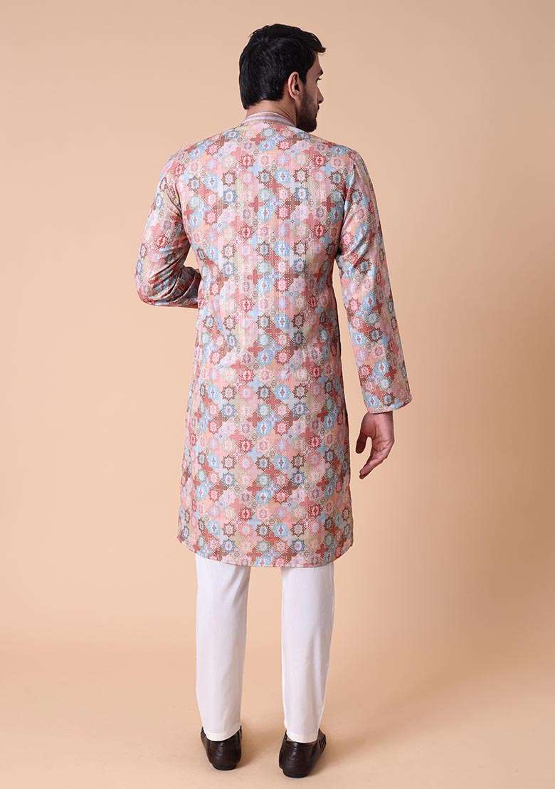 Peach Printed Cotton Silk Kurta For Men - Indya