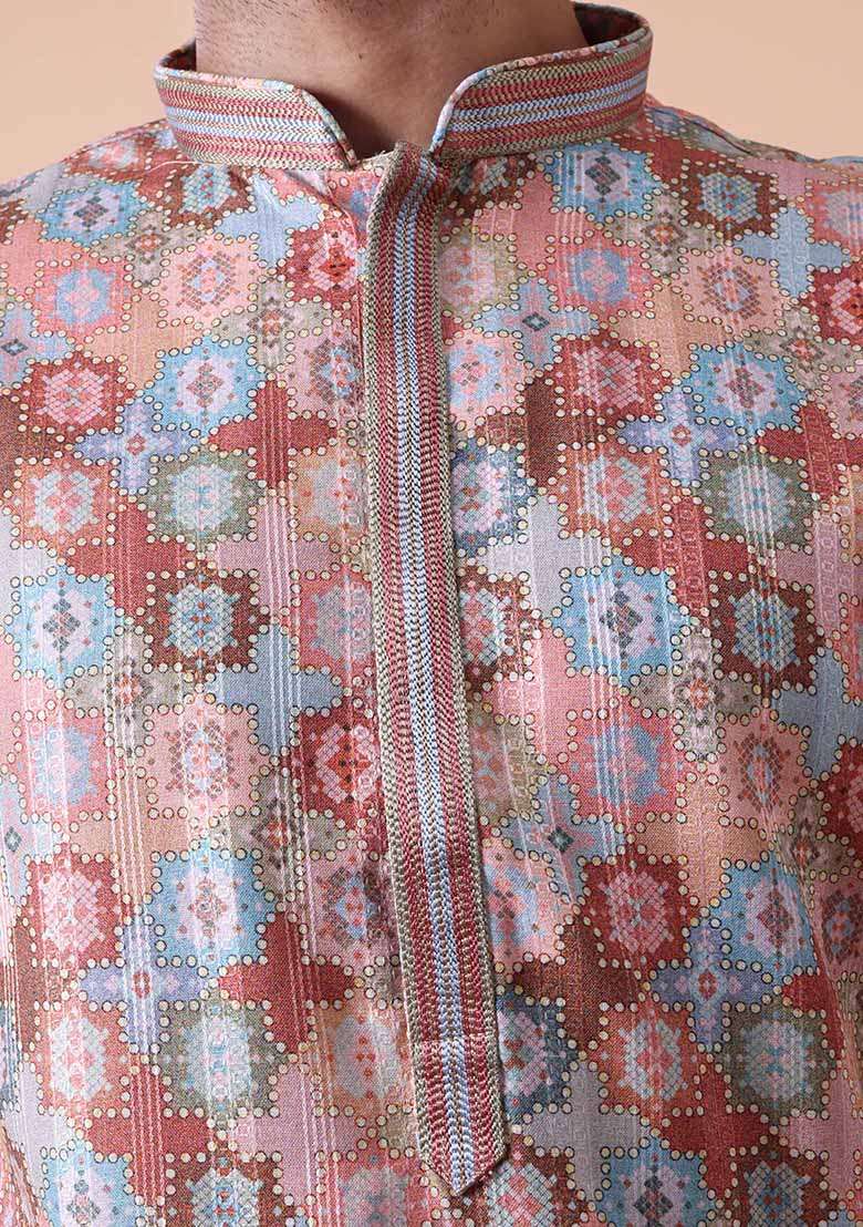 Peach Printed Cotton Silk Kurta For Men - Indya
