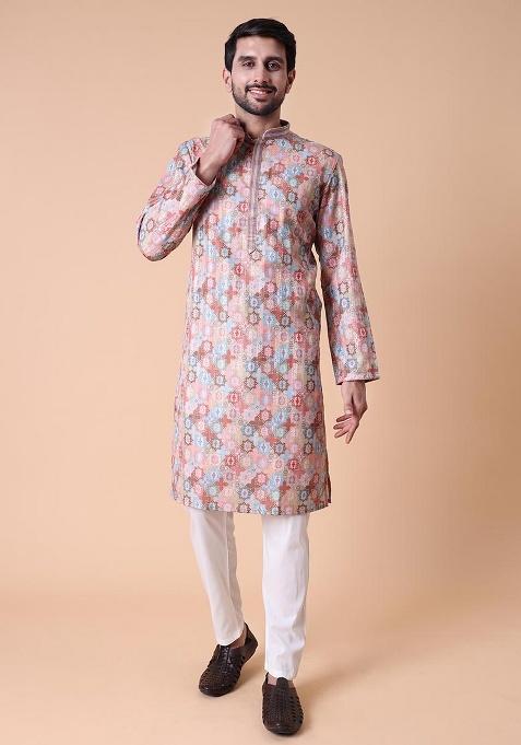 Peach Printed Cotton Silk Kurta For Men