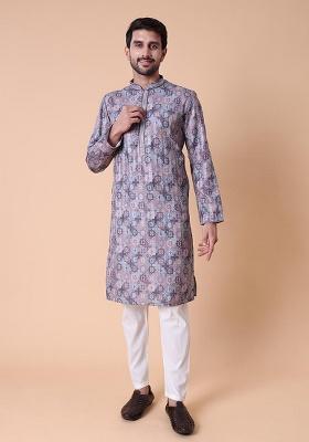 Purple Printed Cotton Silk Kurta For Men