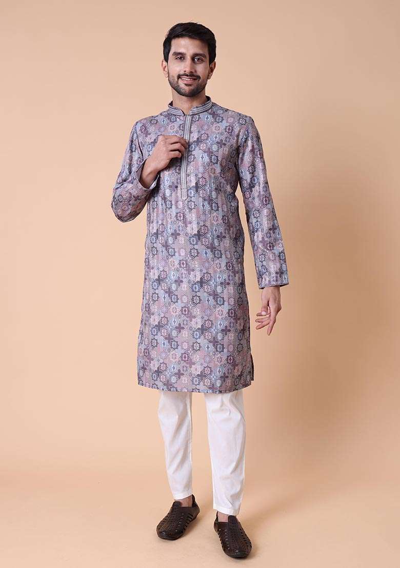 Purple Printed Cotton Silk Kurta For Men - Indya
